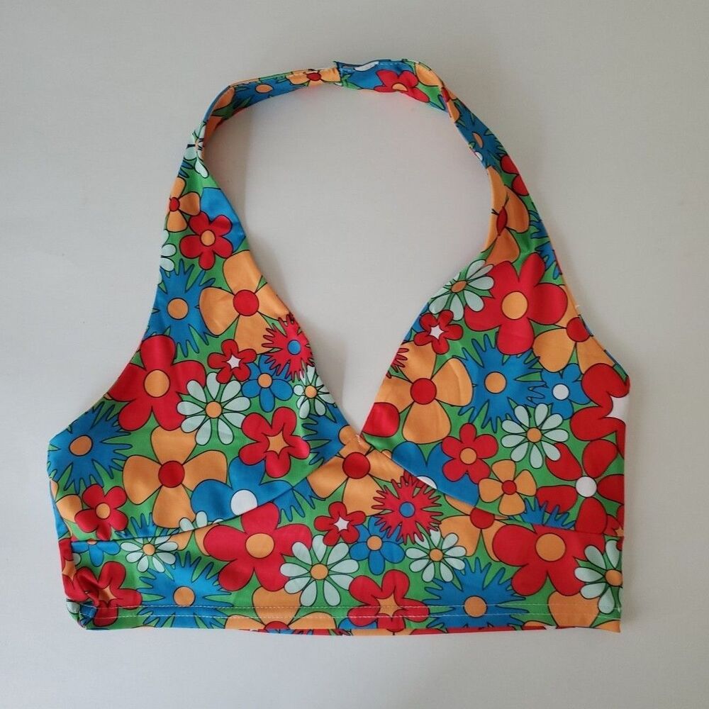 ROMWE Red Blue Colorful Daisy Hippie Floral Cropped Halter Top Womens 6
